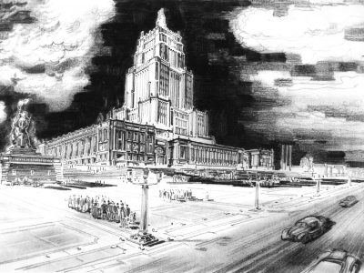 Wizja Pałacu Kultury i Placu Defilad, 1950. Rys. Jan Knothe