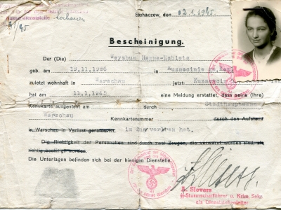 Ostatni okupacyjny dokument Hanny Woyzbun, 1945